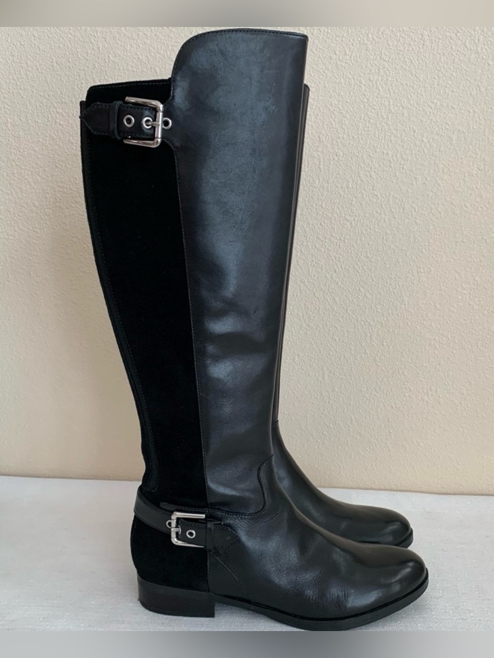 Marc Fisher Damsel Black Leather Suede Tall Riding Boots 8W Wide Width